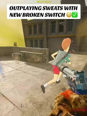 The cover image is a video game scene with a cartoon-style character running across a rooftop. The background shows a city environment in the Call of Duty: Warzone setting. The main character is a character that resembles Beavis from Beavis and Butthead, holding a teal and black rifle, red shorts and black shoes. Overlaid text at the top says "OUTPLAYING SWEATS WITH NEW BROKEN SWITCH" with a surprised emoji and a check mark. The camera is in a first-person-perspective.