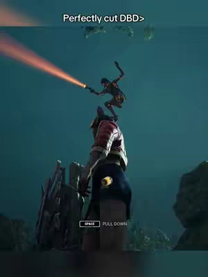 A video game scene from Dead by Daylight (DBD) showing two character figures in a teal environment. One character is in the foreground, with a red-and-white jacket holding a position. Above, a person is jumping, appearing to shoot an orange beam.