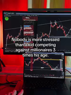The image shows a setup with two computer monitors and a laptop displaying what appears to be stock market charts. The foreground features a dimly lit workspace, with red hints, suggesting a night or low-light setting. The primary focus is on the charts. Text overlay, in a clear font, indicates the content's emotional theme, highlighting stress.