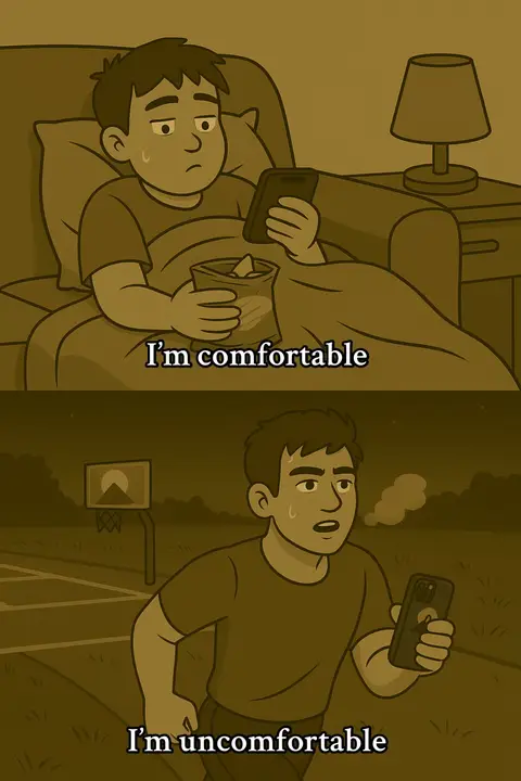A two-panel cartoon image with sepia tones. The top panel shows a person in bed, looking at a phone and eating chips. The bottom panel shows the same person running outside.