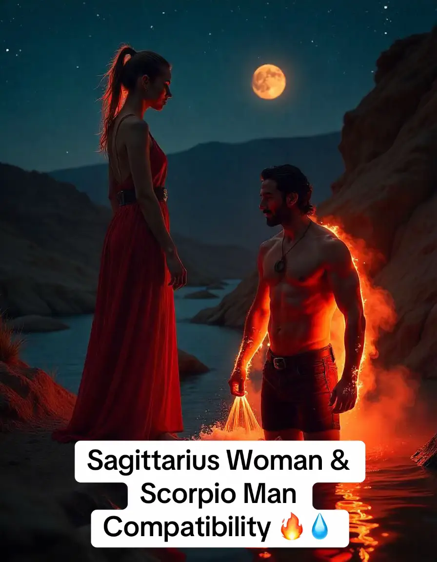 An AI-generated image depicts a scene at night with a full moon in the sky. A woman in a long red dress stands on the left, facing towards the right, with her back towards the camera. On the right, a muscular man stands in water, seemingly on fire. The scene conveys a sense of drama and mystical energy.