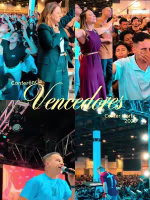 The image is a collage of photos from a church event, divided into segments. The main visual element is text in a stylized font, which says "Conferência Vencedores" in golden color. Various people are present in each scene, including a man speaking into a microphone. The colors range from bright lights to dim lighting and a lot of people raising their hands.