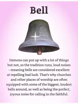 An image featuring a historical bronze bell centered on a soft pink background. The text overlayed reads, "Bell," in a bold, sans-serif font above the bell image. Below, a block of text explains the bells are used to repel bad luck.