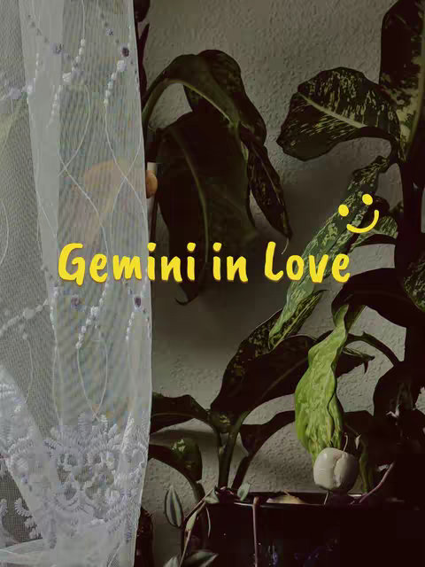 The image features a serene indoor scene, possibly a home interior. A partially visible, sheer white curtain with delicate floral embroidery is on the left side, adding a soft, airy texture. To the right, lush green plants with large, dark green leaves dominate the composition. The text "Gemini in Love" in a vibrant yellow font is overlaid, and a smiley face is added to the right.