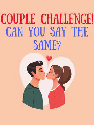 The cover image shows an animated couple kissing. The background is a light peach color. Overlaid on the image are the text "COUPLE CHALLENGE!" in red, and "CAN YOU SAY THE SAME?" in blue.