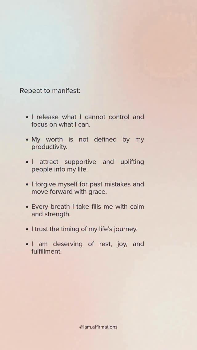 A vertical cover image featuring a softly blurred background that transitions from lighter to darker shades of a neutral color, offering a subtle gradient effect. In the foreground, centered and stacked, are bullet-pointed affirmations in a clean, easy-to-read font. The text is dark against the softer background. Below the affirmations, there is a visible handle or username on the bottom, also in dark font.