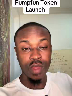 A close-up shot of a man in a white shirt. Above is a white rectangular banner with the text 'Pumpfun Token Launch' in black letters. The man looks at the camera with a neutral expression. In the background, there is a white wall and a part of a whiteboard with some notes.