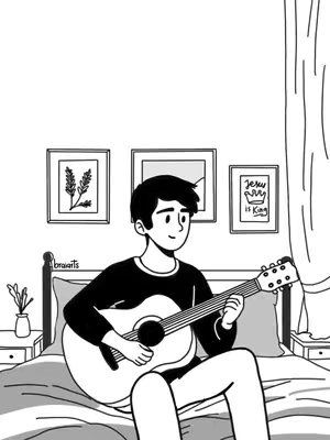 A black and white illustration of a young man sitting on a bed, playing an acoustic guitar. He is wearing a black sweater and his legs are crossed. Behind him are framed artworks on a white wall, and a curtain is to his side.