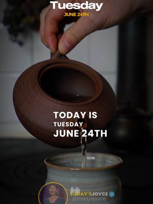 The cover image shows a hand pouring water from a brown teapot into a ceramic mug. Text overlays indicate the day of the week and date.