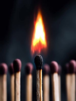 A macro shot of a wooden match with its head lit in a bright orange flame. The match is in sharp focus, with smoke gently rising. A row of unlit matches with red tips blur in the background against a dark, moody backdrop.
