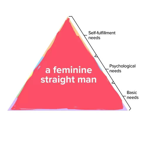 The image presents a diagram based on Maslow's hierarchy of needs, but interpreted in a humorous way. A large red triangle dominates the center, labeled 'a feminine straight man'. Lined up along the right side are the categories 'Basic needs', 'Psychological needs', and `Self-fulfillment needs.', but it uses them in relation to the subject.
