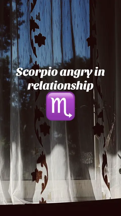 An image showing a window covered with a white curtain is in the background. Dark, silhouetted shapes, possibly of leaves or floral patterns, are visible through the curtain. The main text overlay says 'Scorpio angry in relationship'. In the lower right, there's a purple square with the Scorpio zodiac sign (m with an arrow).
