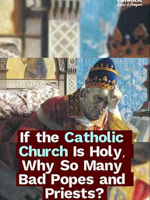 The image shows a painting of a somber-looking Pope wearing a blue and gold papal hat, resting his hand on his forehead. Below him is a red bar with white text questioning the Church's holiness, and in the top corner the words "Catholic Voices & Prayers". The background features architectural and ornate wall details reminiscent of a historic setting.