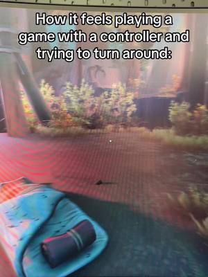 The image shows a first-person perspective of a video game screen with a forest in the background and a red floor. The foreground includes a blanket. Text overlay at the top summarizes the gaming experience.