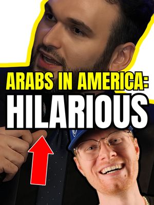 The cover image is a vertical composition featuring two men. The upper portion of the image shows a close-up of a man, slightly off-center, against a yellow backdrop. Below, a second man is seen smiling with his eyes. A large red arrow points upwards towards the text overlay, which reads "ARABS IN AMERICA: HILARIOUS". The background is a blend of black and white tones.