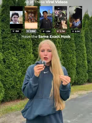 A woman with long blonde hair stands in front of a green hedge, holding a microphone. Above her, a series of small images show various video thumbnails.