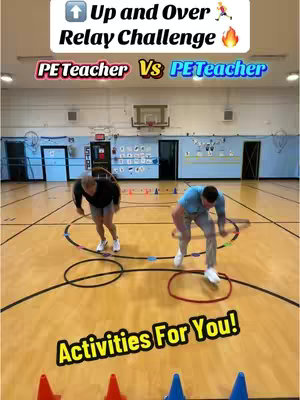 Two men engaged in a relay race on a basketball court. The image is dominated by a wooden floor with painted lines. Text overlays are added to the image, indicating the theme of the video. The background contains a high school gym with a basketball hoop.