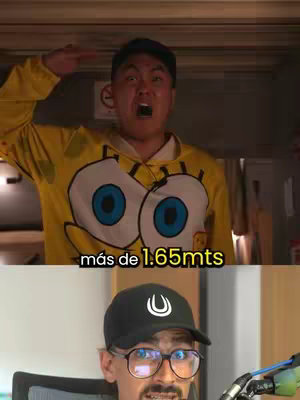The video cover features a split screen. The top half shows a man in a SpongeBob SquarePants costume saluting and yelling, with the text "más de 1.65 mtr" overlaid. The bottom half displays a person wearing glasses and a cap.