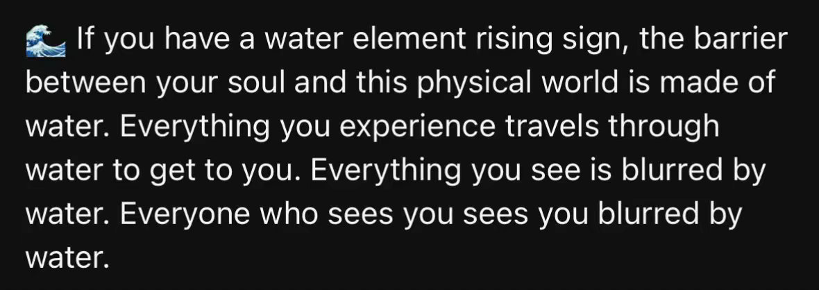 The cover image is a black background with white text overlayed, presented in a vertical format. The text focuses on astrology and the rising signs, with an image of a wave to the left of the header text. The text is clear and legible against the dark background.