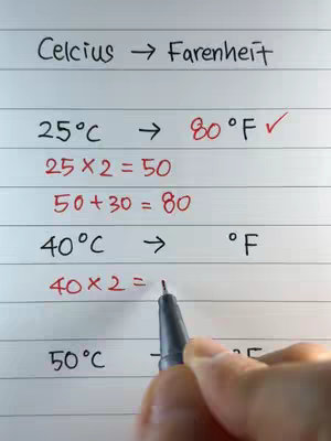 The image displays handwritten mathematical steps converting Celsius to Fahrenheit. The top of the page has the title. Below are temperature conversions with calculations. A hand holding a pen is writing the final step.