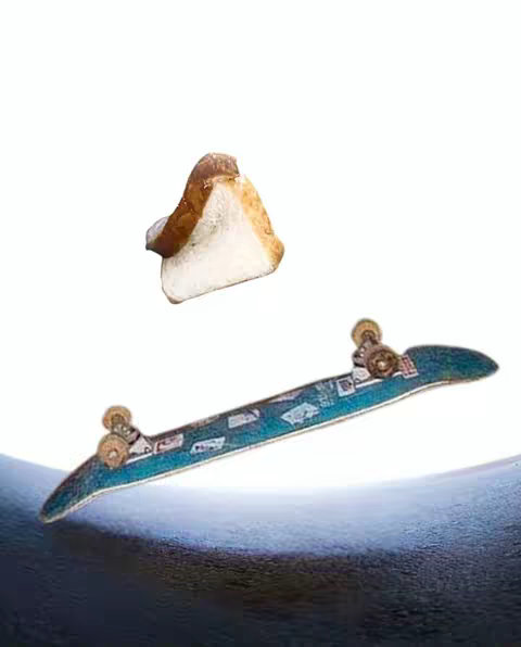 The image shows a slice of bread seemingly suspended in mid-air above a skateboard. The bread is a triangular shape with a golden-brown, toasted crust and a soft, white interior. Below it is a skateboard with a blue deck adorned with stickers, set against a wavy gradient background imitating water or a similar surface.