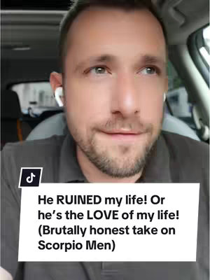 A man in a car, wearing earbuds, with a text overlay on a white box. The text poses a question regarding the subject: is the person ruining his life or is the person the love of his life?