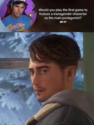 The image is split into two main sections. The top portion features a circular inset of a person in the upper left corner, with a person wearing a blue shirt and baseball cap. Beside that the question overlays the image: "Would you play the first game to feature a transgender character as the main protagonist?" The lower shows a man looking off camera, with his gaze directed towards the left side of the frame. He has short, dark hair and a neutral expression. The background appears to be blurred. The lighting appears to be natural, with some shadows visible on the man's face.