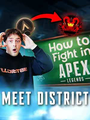 The cover image features a young man with an excited expression, hands near his head, set against a background showing an Apex Legends gaming theme. A chalkboard displays "How to Fight in APEX LEGENDS." An arrow points from a level icon to a predator icon, reinforcing the video's focus on achieving a high rank in the game. The words \"MEET DISTRICT\" are at the bottom. The overall composition suggests a tutorial or tips-based video.