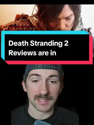 The image is split into two parts. The top portion features a close-up of a person's face, presumably from the game 'Death Stranding'. Below, a man's face, with a mustache and a hat, looks at the camera.