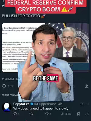 The cover image shows a man in a blue button down shirt speaking, superimposed over a news article and an image of Jerome Powell. Text overlays read "FEDERAL RESERVE CONFIRM CRYPTO BOOM" and "BULLISH FOR CRYPTO" at the top, and "BE THE SAME" in a red box near the bottom. Social media posts from CryptoExe are visible at the bottom of the image.