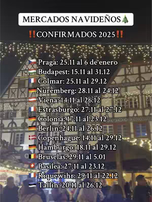 The image is a vertical graphic featuring a list of European Christmas market dates for 2025, set against a nighttime backdrop. The top of the image has bold, white text that reads 'MERCADOS NAVIDEÑOS', with a small Christmas tree icon to the right, and '!!CONFIRMADOS 2025!!' below it. Below is a list of cities (Praga, Budapest, Colmar, etc.) each followed by their corresponding dates. Small flags represent the countries associated with each city. The background appears to be a blurred view of buildings at night with string lights. The overall layout is clear and informative, with a focus on the dates and locations of upcoming Christmas markets.