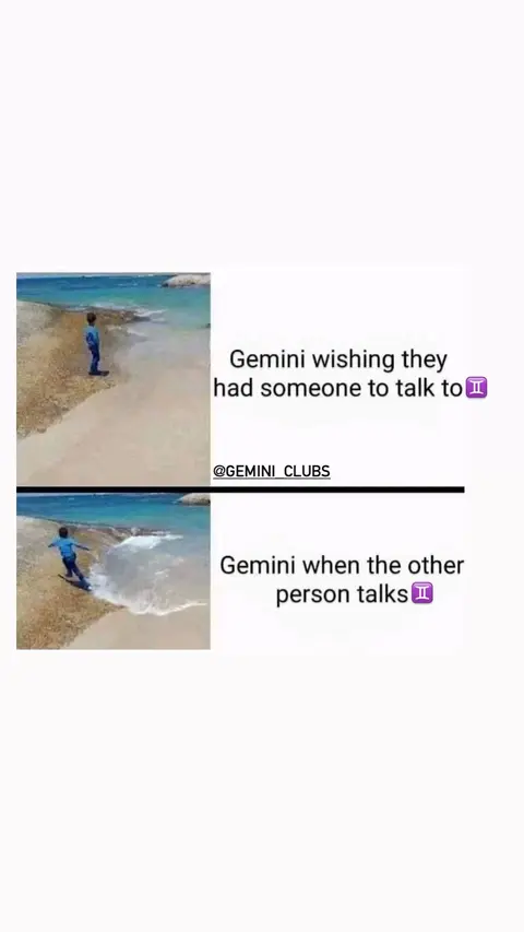 The image is split into two sections. The top section shows a young person in blue standing on a beach, looking out at the ocean. The bottom section shows the same person apparently falling into a wave in the same setting. Text overlays are present, discussing the Gemini zodiac sign.