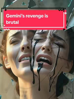 The image shows two faces of a woman screaming, overlaid to create a mirror image effect. Both expressions are filled with sadness and crying. Black streaks fall from the eyes, creating a dramatic and intense effect. A red shape with white text is placed on top.