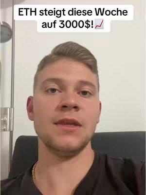 A young man looks directly at the camera with a neutral expression. Over his head, white text reads "ETH steigt diese Woche auf 3000$"! with a small upward trending graph graphic to the right. The background is a light-colored wall with what appears to be a metal bar on the left and a shadow from an unseen object.