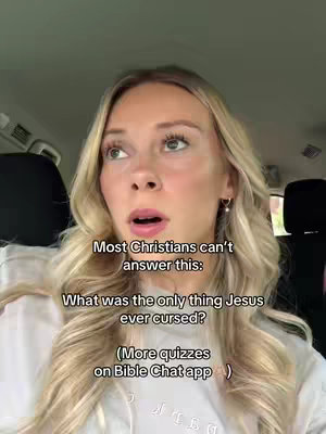 A selfie-style image shows a young woman in a car, with soft lighting and natural skin tones. Text overlays are present on the image, which include a question about Christianity and a call to action to find more quizzes on a Bible Chat app. The composition is a medium shot, focusing on the woman's upper body, with the car's interior slightly visible as the background.