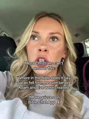 A selfie-style video cover image featuring a fair-skinned woman with long blonde hair. She is positioned in front of what appears to be a car interior. The text overlays include a question about the Bible and a call to action to find more quizzes on a Bible Chat App.