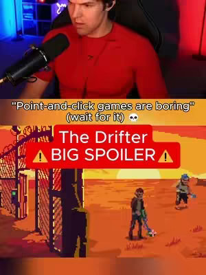 The cover image is split in two halves. The top half is a live-action shot of a man with light skin in a red top and earpiece, looking intently to the left. The bottom half shows a pixelated game scene with three pixelated figures in a desert setting, with a red warning sign overlaid.