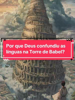 The image shows an illustration of the Tower of Babel. The tower is a massive, multi-tiered structure that dominates the scene, rising into a cloudy sky. Below the tower, there's a landscape of buildings and what appears to be ancient settlements. A figure, likely a person, is standing nearby, possibly observing the tower. The sky is filled with dramatic clouds, and the overall color palette is rich and warm-toned.