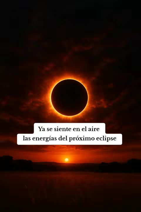 The cover image features a striking visual of an eclipse against the backdrop of a fiery sunset. A dark, circular void is sharply defined against a bright, orange halo. Below this, the earth's silhouette is visible, with a body of water and a sun slightly off-center. The sky transitions from deep red near the horizon to a darker hue above. Text overlaid on the bottom, within a white rectangle, reads, 'Ya se siente en el aire las energías del próximo eclipse'.