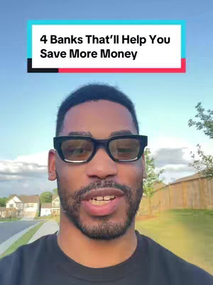 A man wearing glasses is centered in the frame, smiling and speaking directly to the camera. Above him is a text overlay that reads '4 Banks That'll Help You Save More Money' on a teal and red background. The background features a residential street with houses and trees under a clear blue sky.