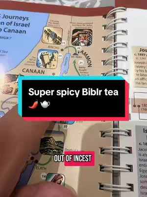 The cover image shows an open book with a map of the ancient land of Canaan. Overlaid are two text boxes. The main one says, 'Super spicy Biblr tea' along with emoji icons of a chili pepper and a teapot, both in white. Beneath this is a smaller text box reading, 'OUT OF INCEST'.