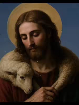 The image is a religious painting featuring a central figure, presumably Jesus, portrayed with light skin, long brown hair, and a beard. He has a halo around his head and is holding a lamb, placing it over his shoulders. The background is a gradient of blue and the lighting is soft, highlighting the central figure and his interaction with the lamb.