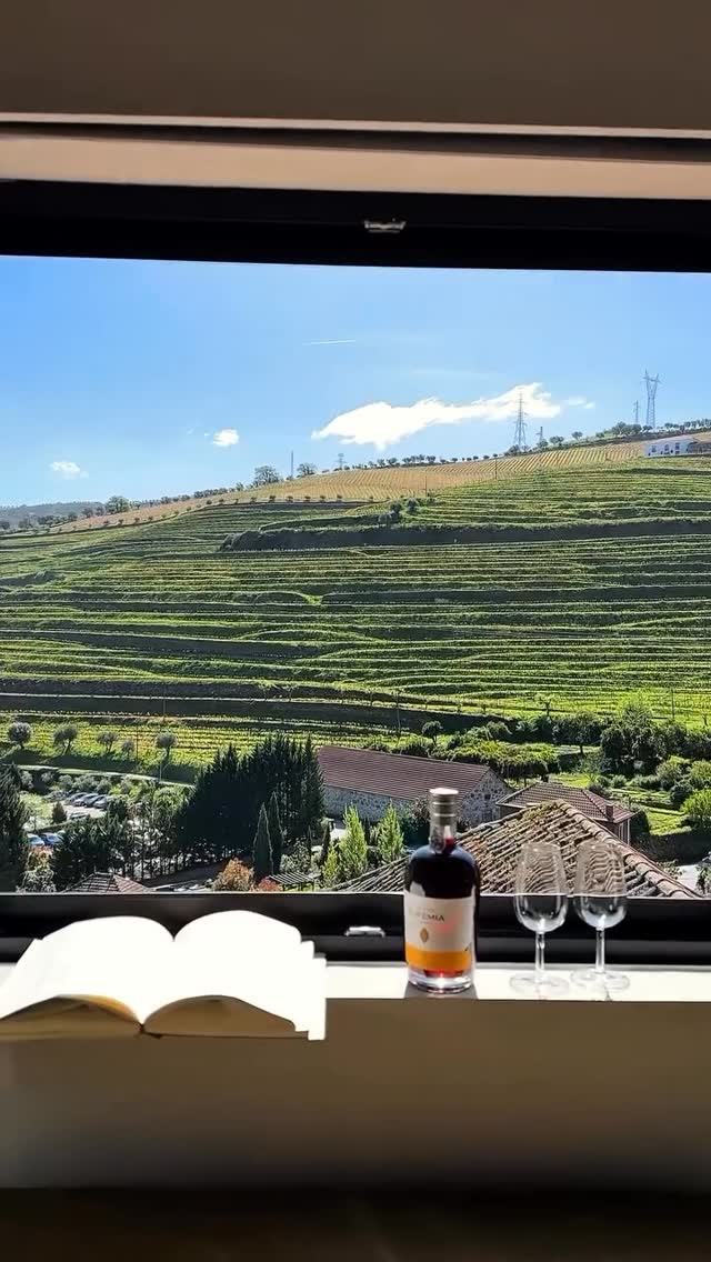 The image showcases a stunning outdoor view through a window. The foreground features a light-colored window sill holding an open book, a bottle of red wine, and two wine glasses. The background reveals a rolling landscape of green terraced vineyards under a bright blue sky dotted with fluffy white clouds. The vineyard is meticulously carved into the hillside, creating horizontal lines. A building and some trees add detail to the midground. The composition focuses on an inviting scene of the Portuguese countryside. The overall vibe is peaceful and scenic.