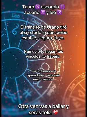 The image features a vertical layout with text overlayed on a colorful background depicting a detailed celestial map. At the top, text indicates zodiac signs. Below, more text describes the transit of Uranus and its effect on these signs. The bottom text provides a message of encouragement and happiness. The color scheme includes gradients of orange, blue, and purple.