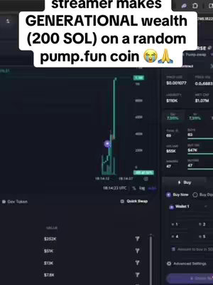 The cover image shows a dark-themed interface with streaming elements and financial data, a textual overlay at the top indicates a streamer's financial success with details of the trade using a particular coin.