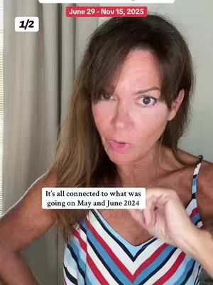 A woman with long brown hair is looking directly at the camera. She is wearing a striped top.  Text overlays appear at the top and bottom of the frame.