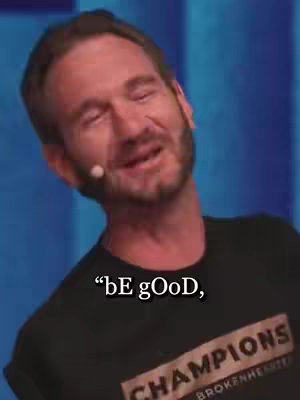 A man with short brown hair speaks to the camera against a blue background. Text overlay highlights key phrases from his speech. He wears a black shirt with the word CHAMPIONS.
