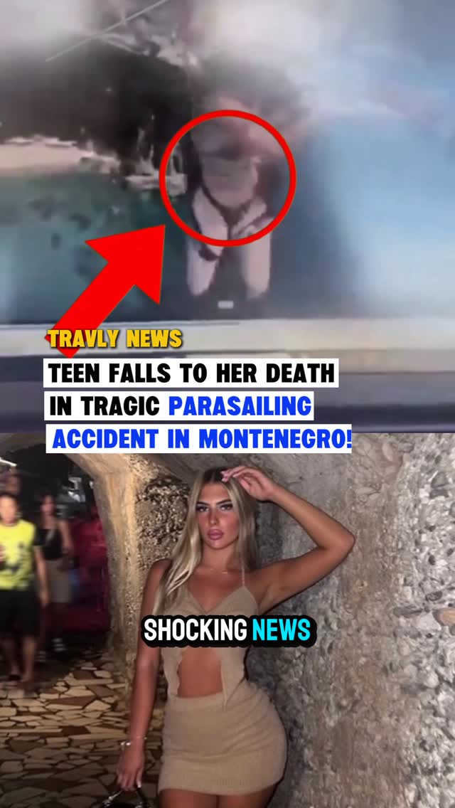 The cover image is vertically oriented, divided into two sections. The top section shows a blurry, pixelated image of a person in a harness falling from the sky near water, with a red circle drawn around them and a red arrow pointing to them. The bottom section shows a sophisticated woman in a tan dress posing outside near stone bricks, with overlayed text reading 'SHOCKING NEWS' in a text box. The backgrounds of images have a gray background and a blue water gradient, with a red arrow overlay pointing to the image of that falling. The top portion includes a large text overlay in a yellow box and blue text, while the bottom contains a text overlay in a white box.