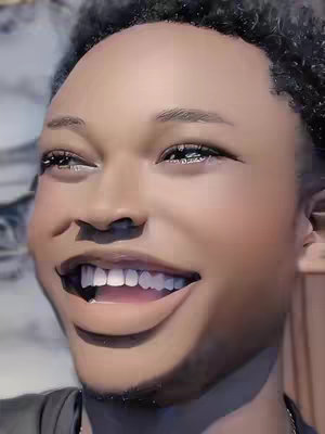 A close-up shot of a smiling Black man. His features are exaggerated in a cartoonish style, with a wide grin revealing white teeth, and eyes that seem to sparkle.