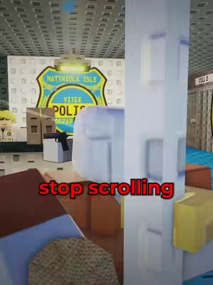 A screenshot from a game, possibly Roblox, where the text "stop scrolling" is overlaid on a scene from the simulation. In the background, a police department logo is visible, and the creator presumably wants the viewers to interact with the video.